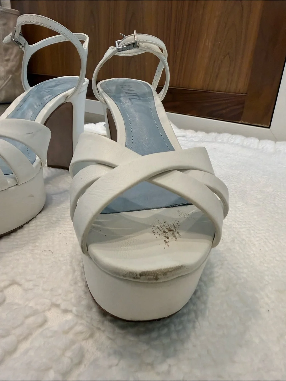 SCHUTZ White Platform Slingback Sandals with Blue Insole